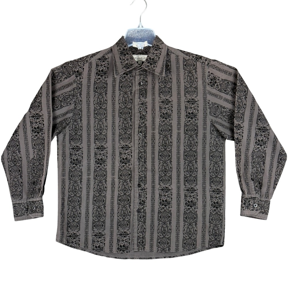 Eighty Eight Mens M Grey Black Damask Filigree Scroll Gothic Button Down Shirt
